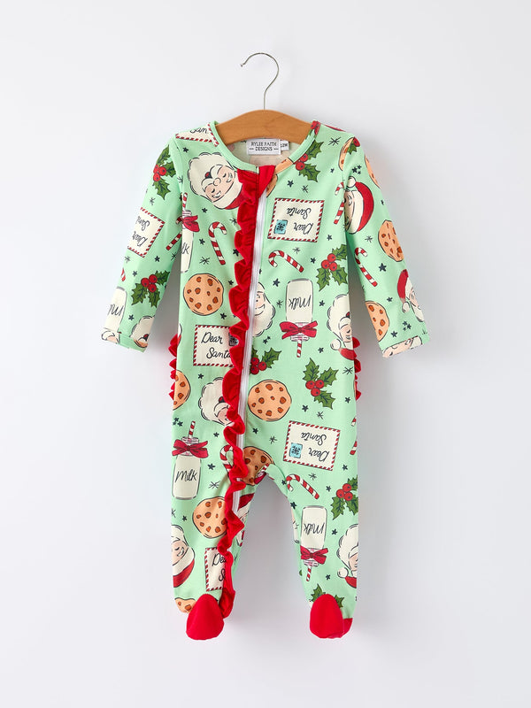 Christmas Santa Cookie Print Baby Girls Romper with Red Bow Detail